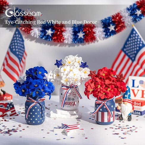 Glasseam 4th of July Vase Set: 3Pcs Patriotic Glass Mason Jars with Red White and Blue Artificial Geranium Star Ribbons - Independence Day USA 250 Anniversary Memorial Table Centerpiece Home Decor in Kuwait