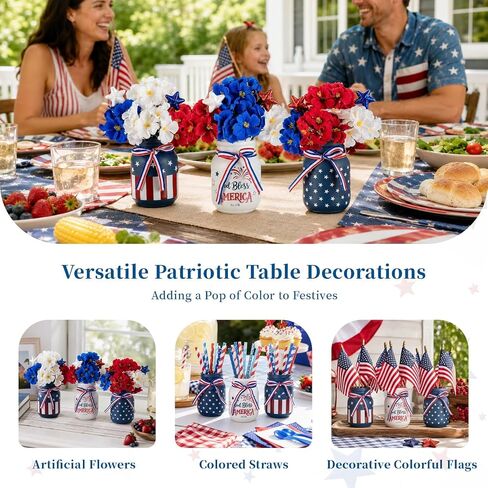 Glasseam 4th of July Vase Set: 3Pcs Patriotic Glass Mason Jars with Red White and Blue Artificial Geranium Star Ribbons - Independence Day USA 250 Anniversary Memorial Table Centerpiece Home Decor in Kuwait