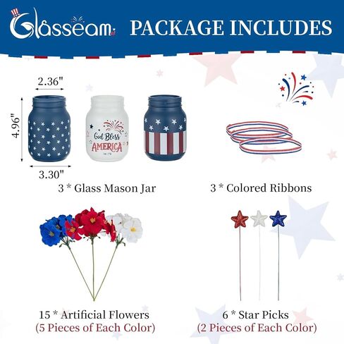 Glasseam 4th of July Vase Set: 3Pcs Patriotic Glass Mason Jars with Red White and Blue Artificial Geranium Star Ribbons - Independence Day USA 250 Anniversary Memorial Table Centerpiece Home Decor in Kuwait