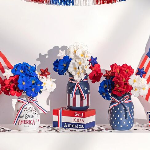 Glasseam 4th of July Vase Set: 3Pcs Patriotic Glass Mason Jars with Red White and Blue Artificial Geranium Star Ribbons - Independence Day USA 250 Anniversary Memorial Table Centerpiece Home Decor in Kuwait
