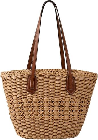 Straw Tote Bag Woven Beach Bag for Women, Large Capacity Summer Shoulder Leather Handles Boho Handbag Vacation in Kuwait