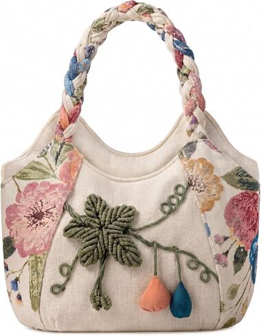 Aliceset Ladies Casual Hemp Handbag Boho Vintage Embroidered Casual Purse Embroidery Multi Pocket Retro Handbag for Women in Kuwait
