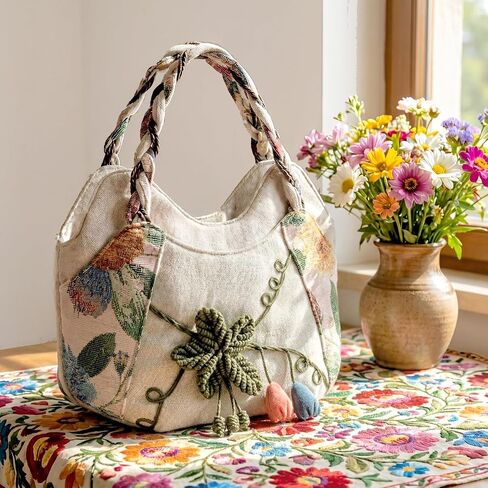Aliceset Ladies Casual Hemp Handbag Boho Vintage Embroidered Casual Purse Embroidery Multi Pocket Retro Handbag for Women in Kuwait