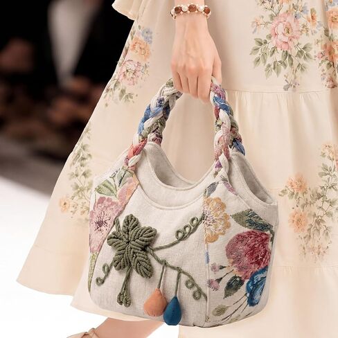 Aliceset Ladies Casual Hemp Handbag Boho Vintage Embroidered Casual Purse Embroidery Multi Pocket Retro Handbag for Women in Kuwait