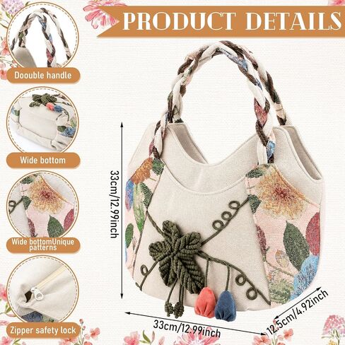 Aliceset Ladies Casual Hemp Handbag Boho Vintage Embroidered Casual Purse Embroidery Multi Pocket Retro Handbag for Women in Kuwait