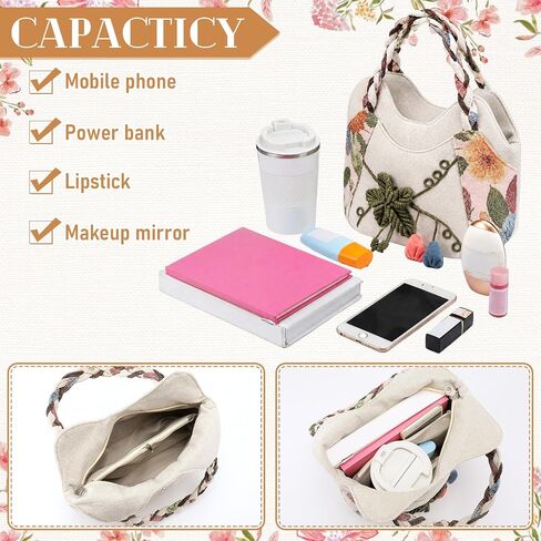 Aliceset Ladies Casual Hemp Handbag Boho Vintage Embroidered Casual Purse Embroidery Multi Pocket Retro Handbag for Women in Kuwait
