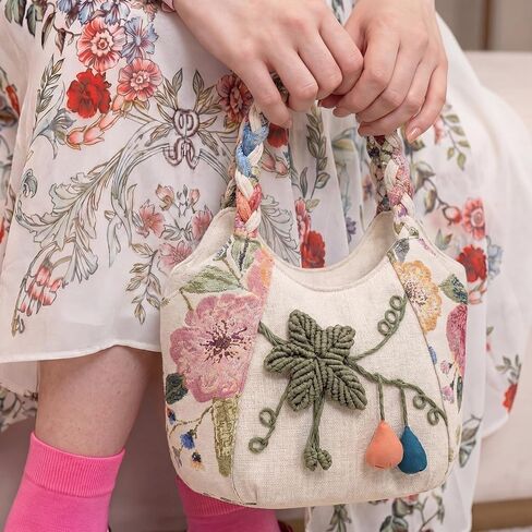 Aliceset Ladies Casual Hemp Handbag Boho Vintage Embroidered Casual Purse Embroidery Multi Pocket Retro Handbag for Women in Kuwait