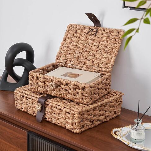Wicker Storage Basket with Lid, 2-Piece Set Decorative Box with Lid, Water Hyacinth Woven Decorative Box for Shelf, Coffee Table, Console Table, Home Decor in Kuwait