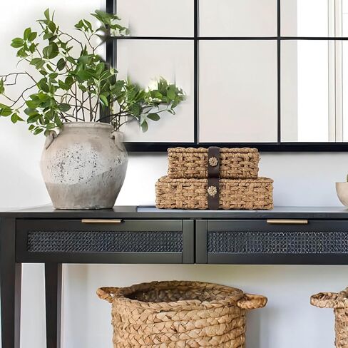 Wicker Storage Basket with Lid, 2-Piece Set Decorative Box with Lid, Water Hyacinth Woven Decorative Box for Shelf, Coffee Table, Console Table, Home Decor in Kuwait