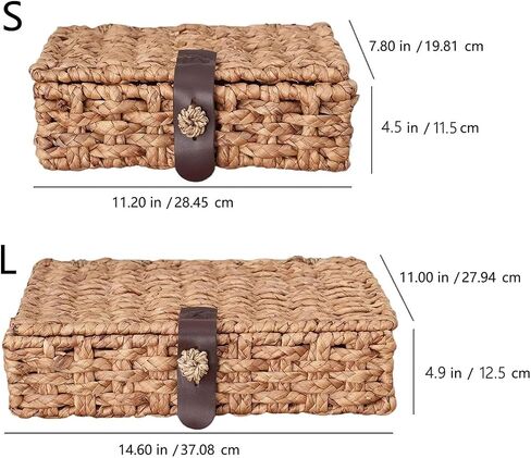 Wicker Storage Basket with Lid, 2-Piece Set Decorative Box with Lid, Water Hyacinth Woven Decorative Box for Shelf, Coffee Table, Console Table, Home Decor in Kuwait