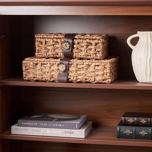 Wicker Storage Basket with Lid, 2-Piece Set Decorative Box with Lid, Water Hyacinth Woven Decorative Box for Shelf, Coffee Table, Console Table, Home Decor in Kuwait