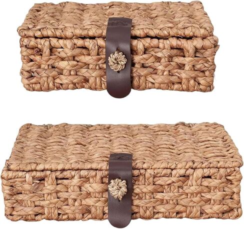 Wicker Storage Basket with Lid, 2-Piece Set Decorative Box with Lid, Water Hyacinth Woven Decorative Box for Shelf, Coffee Table, Console Table, Home Decor in Kuwait