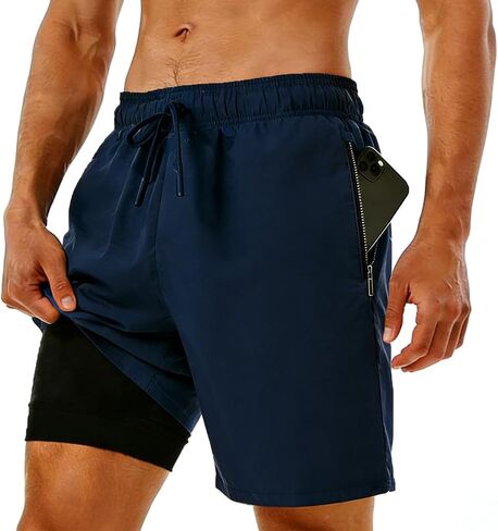 Men's Swim Trunks with Compression Liner, Quick Dry Hawaiian Swimwear Bathing Suit Drawstring Board Shorts in Saudi Arabia