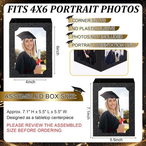 Yookeer 10 Pcs Graduation Picture Centerpieces for Table 6 x 4 Inch Glitter Photo Display Box Hollow Photo Frame Props for Congrats Grad Decor Graduation Wedding Birthday Party Table Decoration, Black in Kuwait