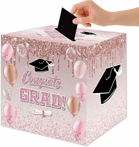 Zliisang Pink Congrats Grad Card Box 2026 Graduation Party Decorations Rose Gold Class of 2026 Graduation Gift Card Box for Grad Party Favors in Kuwait