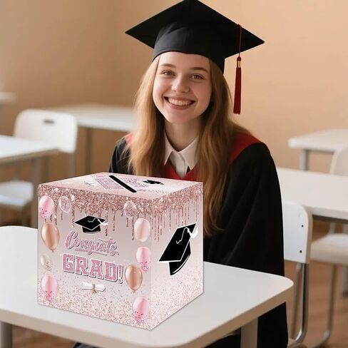 Zliisang Pink Congrats Grad Card Box 2026 Graduation Party Decorations Rose Gold Class of 2026 Graduation Gift Card Box for Grad Party Favors in Kuwait