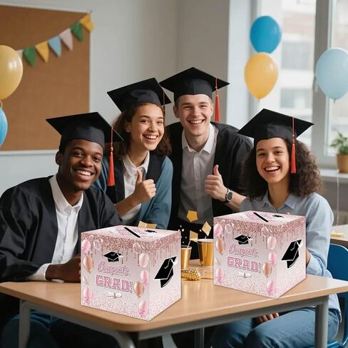 Zliisang Pink Congrats Grad Card Box 2026 Graduation Party Decorations Rose Gold Class of 2026 Graduation Gift Card Box for Grad Party Favors in Kuwait