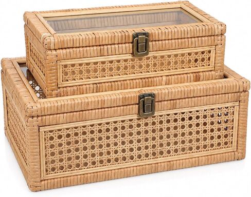 EupHHonycs Rattan Decorative Box with Lid Large Decorative Box Lid Display Rectangular Woven Boxes with Glass, Set of 2 in Kuwait