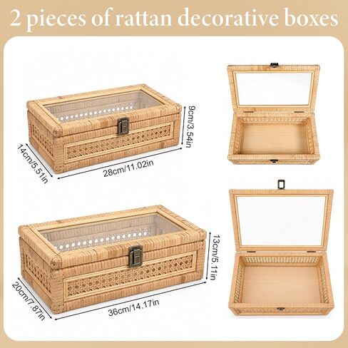 EupHHonycs Rattan Decorative Box with Lid Large Decorative Box Lid Display Rectangular Woven Boxes with Glass, Set of 2 in Kuwait