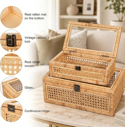 EupHHonycs Rattan Decorative Box with Lid Large Decorative Box Lid Display Rectangular Woven Boxes with Glass, Set of 2 in Kuwait