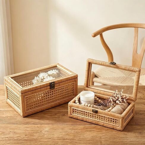 EupHHonycs Rattan Decorative Box with Lid Large Decorative Box Lid Display Rectangular Woven Boxes with Glass, Set of 2 in Kuwait
