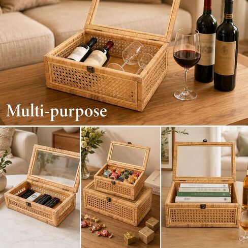 EupHHonycs Rattan Decorative Box with Lid Large Decorative Box Lid Display Rectangular Woven Boxes with Glass, Set of 2 in Kuwait