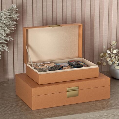Decorative Storage Boxes Set of 2 - Multi-Purpose Beautiful PU Leather Organizer Bins for Your Home Decor - Decorative Containers with Lids Store Photos, Documents, Memory Box Keepsakes (Beige) in Saudi Arabia