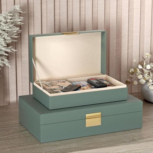 Decorative Storage Boxes Set of 2 - Multi-Purpose Beautiful PU Leather Organizer Bins for Your Home Decor - Decorative Containers with Lids Store Photos, Documents, Memory Box Keepsakes (Beige) in Saudi Arabia