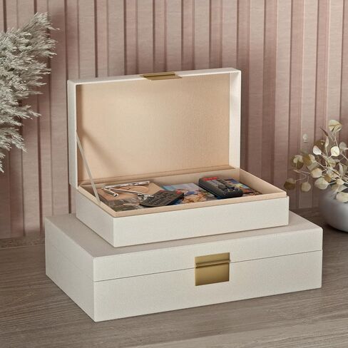 Decorative Storage Boxes Set of 2 - Multi-Purpose Beautiful PU Leather Organizer Bins for Your Home Decor - Decorative Containers with Lids Store Photos, Documents, Memory Box Keepsakes (Beige) in Saudi Arabia