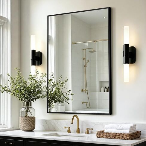 Bathroom Vanity Mirror for Wall, 30x20 Matte Black Bathroom Mirror, Shatterproof Tempered Glass Rectangle Wall Mounted Bathroom Mirrors for Over Sink, Bedroom, Living Room, Entryway in Saudi Arabia