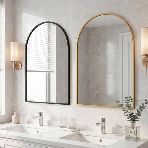 مرايا حمام ذهبية مقوسة مقاس 24 × 36 بوصة من OLIXIS للحوض، مرآة حائط، مرآة زينة للحمام مع إطار معدني غير لامع وزجاج مقسى لديكور المنزل، غرفة المعيشة، مقاومة للكسر in Kuwait