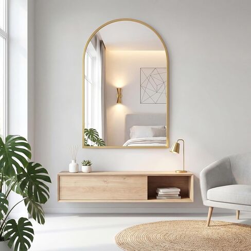 مرايا حمام ذهبية مقوسة مقاس 24 × 36 بوصة من OLIXIS للحوض، مرآة حائط، مرآة زينة للحمام مع إطار معدني غير لامع وزجاج مقسى لديكور المنزل، غرفة المعيشة، مقاومة للكسر in Kuwait