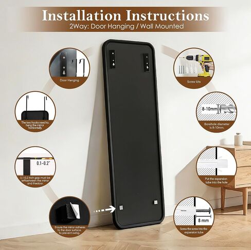 NARCISSUS 47x14 Mirror Door Hanging Full Length,Over Door or Wall Mounted Aluminum Alloy Frame Tempered Glass Rectangle Full Body Mirrors for Bedroom Dressing Living Room Bathroom 47 inch Black in Kuwait