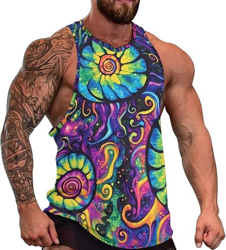 Mens Rainbow Tie Dye Tank Top Workout Gym Shirts Spiral Hippie Sleeveless Vest in Kuwait