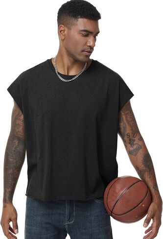 KEEPSHOWING Sleeveless Shirts for Men Cotton Dolman Sleeve Crop Vest Top T Shirts Men Muscle Loose Running Tank Tops in Kuwait