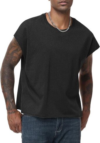 KEEPSHOWING Sleeveless Shirts for Men Cotton Dolman Sleeve Crop Vest Top T Shirts Men Muscle Loose Running Tank Tops in Kuwait