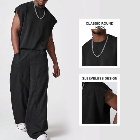 KEEPSHOWING Sleeveless Shirts for Men Cotton Dolman Sleeve Crop Vest Top T Shirts Men Muscle Loose Running Tank Tops in Kuwait
