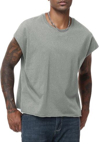 KEEPSHOWING Sleeveless Shirts for Men Cotton Dolman Sleeve Crop Vest Top T Shirts Men Muscle Loose Running Tank Tops in Kuwait