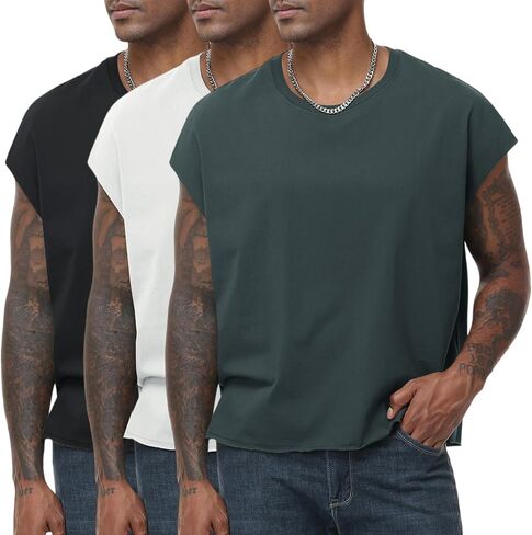 KEEPSHOWING Sleeveless Shirts for Men Cotton Dolman Sleeve Crop Vest Top T Shirts Men Muscle Loose Running Tank Tops in Kuwait