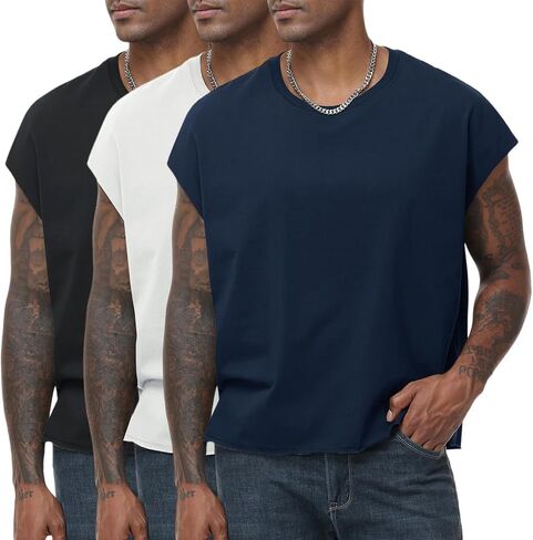 KEEPSHOWING Sleeveless Shirts for Men Cotton Dolman Sleeve Crop Vest Top T Shirts Men Muscle Loose Running Tank Tops in Kuwait