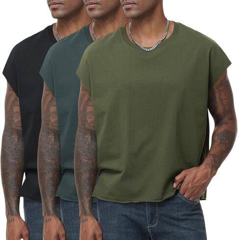 KEEPSHOWING Sleeveless Shirts for Men Cotton Dolman Sleeve Crop Vest Top T Shirts Men Muscle Loose Running Tank Tops in Kuwait
