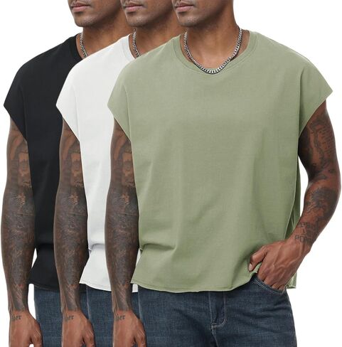 KEEPSHOWING Sleeveless Shirts for Men Cotton Dolman Sleeve Crop Vest Top T Shirts Men Muscle Loose Running Tank Tops in Kuwait