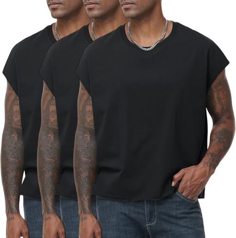KEEPSHOWING Sleeveless Shirts for Men Cotton Dolman Sleeve Crop Vest Top T Shirts Men Muscle Loose Running Tank Tops in Kuwait