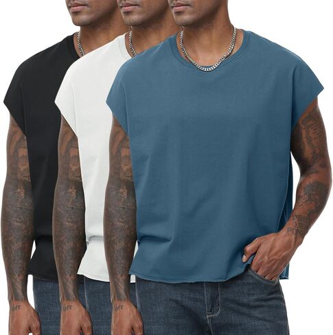 KEEPSHOWING Sleeveless Shirts for Men Cotton Dolman Sleeve Crop Vest Top T Shirts Men Muscle Loose Running Tank Tops in Kuwait