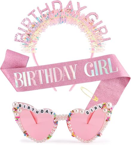 Atoden Birthday Girl Sash Glitter Headband Tiara Crown Sunglasses Pink Happy Birthday Decorations Party Favors Accessories for Adult Women Princess Outfits Gifts in Saudi Arabia
