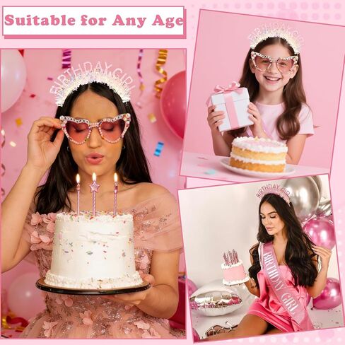Atoden Birthday Girl Sash Glitter Headband Tiara Crown Sunglasses Pink Happy Birthday Decorations Party Favors Accessories for Adult Women Princess Outfits Gifts in Saudi Arabia