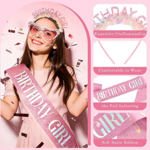 Atoden Birthday Girl Sash Glitter Headband Tiara Crown Sunglasses Pink Happy Birthday Decorations Party Favors Accessories for Adult Women Princess Outfits Gifts in Saudi Arabia