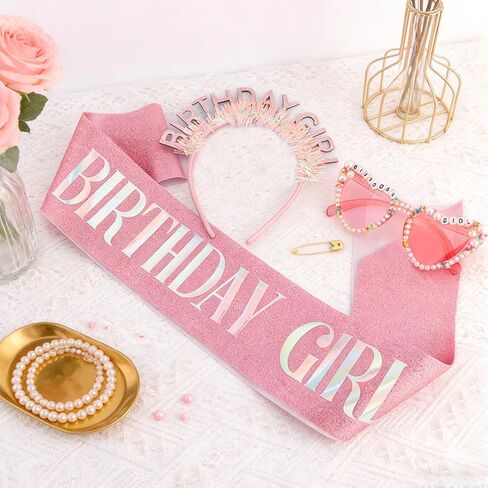 Atoden Birthday Girl Sash Glitter Headband Tiara Crown Sunglasses Pink Happy Birthday Decorations Party Favors Accessories for Adult Women Princess Outfits Gifts in Saudi Arabia