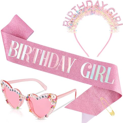 Atoden Birthday Girl Sash Glitter Headband Tiara Crown Sunglasses Pink Happy Birthday Decorations Party Favors Accessories for Adult Women Princess Outfits Gifts in Saudi Arabia