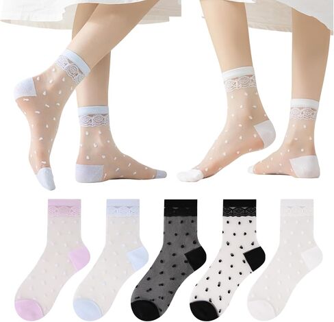 Women's Sheer Mesh Polka Dot Crew Socks Cotton Sole Seamless Toe Breathable Transparent Dress Socks 5 Pairs in Saudi Arabia